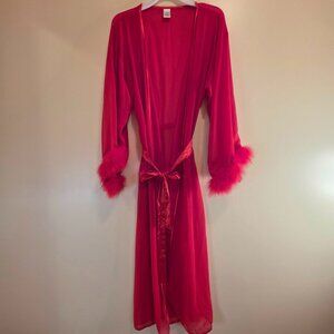 Red Sheer Robe with feathers & tie L